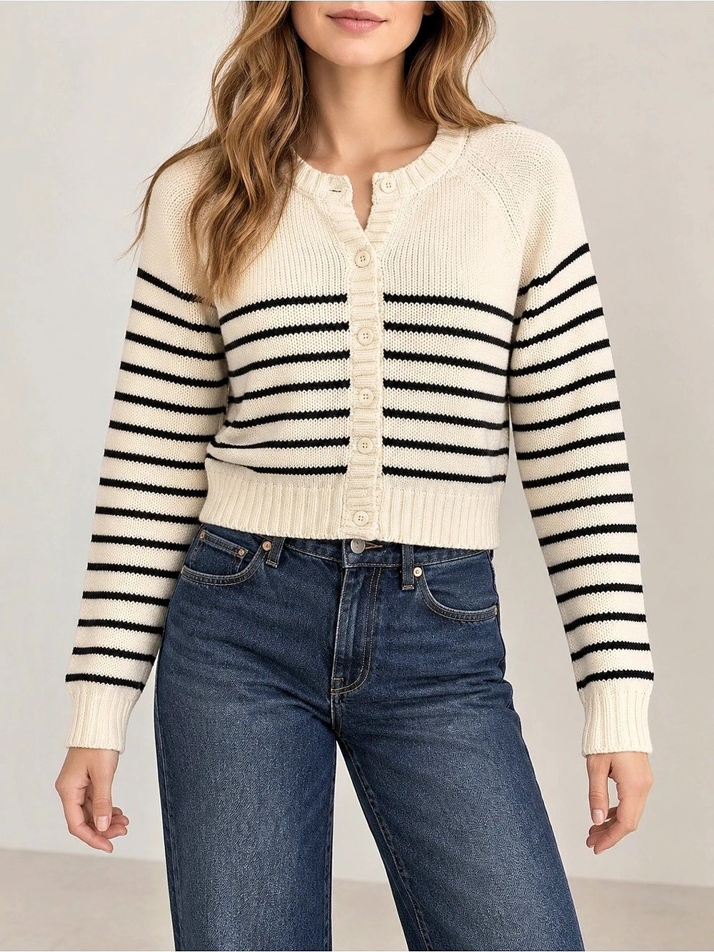 Offline by Aerie Striped Button-Up Cardigan Cream & Black Medium